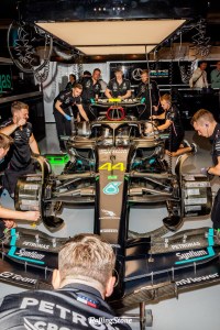 A view of Lewis Hamilton’s race car in the Mercedes pit lane and garage before practice day at the Formula 1 Grand Prix on November 16, 2023 in Las Vegas, Nevada.